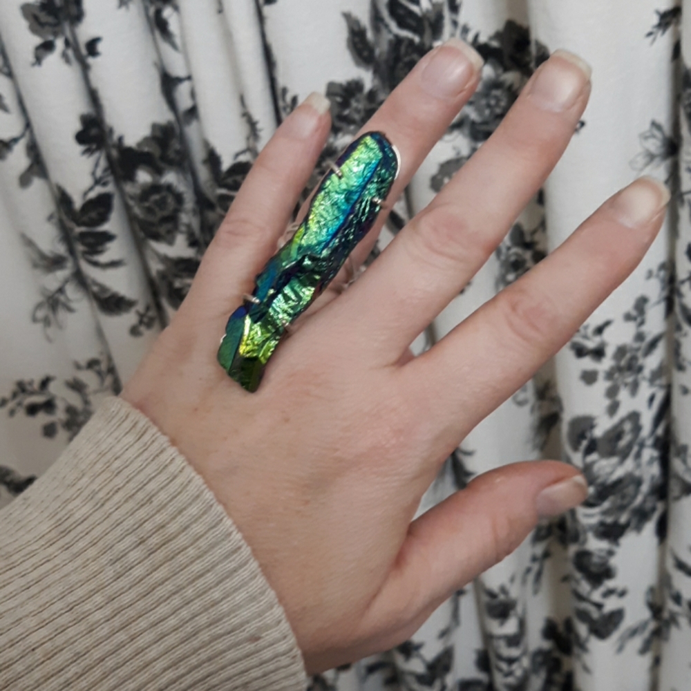 New Huge Titanium Crystal Quartz 925 Silver Statement Ring.